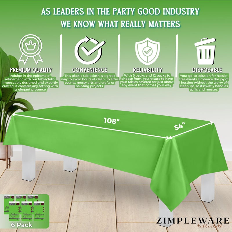 ZIMPLEWARE Premium Lime Green Plastic Table Cloth Disposable (6 Pk) Plastic Tablecloths for Rectangle Tables (54in x 108in) Party Table Cloths Disposable for 6ft to 8ft Rectangle Tables - Image 3